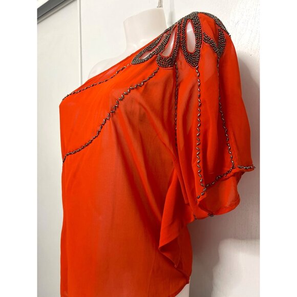 Camille La Vie One Shoulder Orange Blouse Draped Beaded Top Women Size Large - Picture 3 of 9
